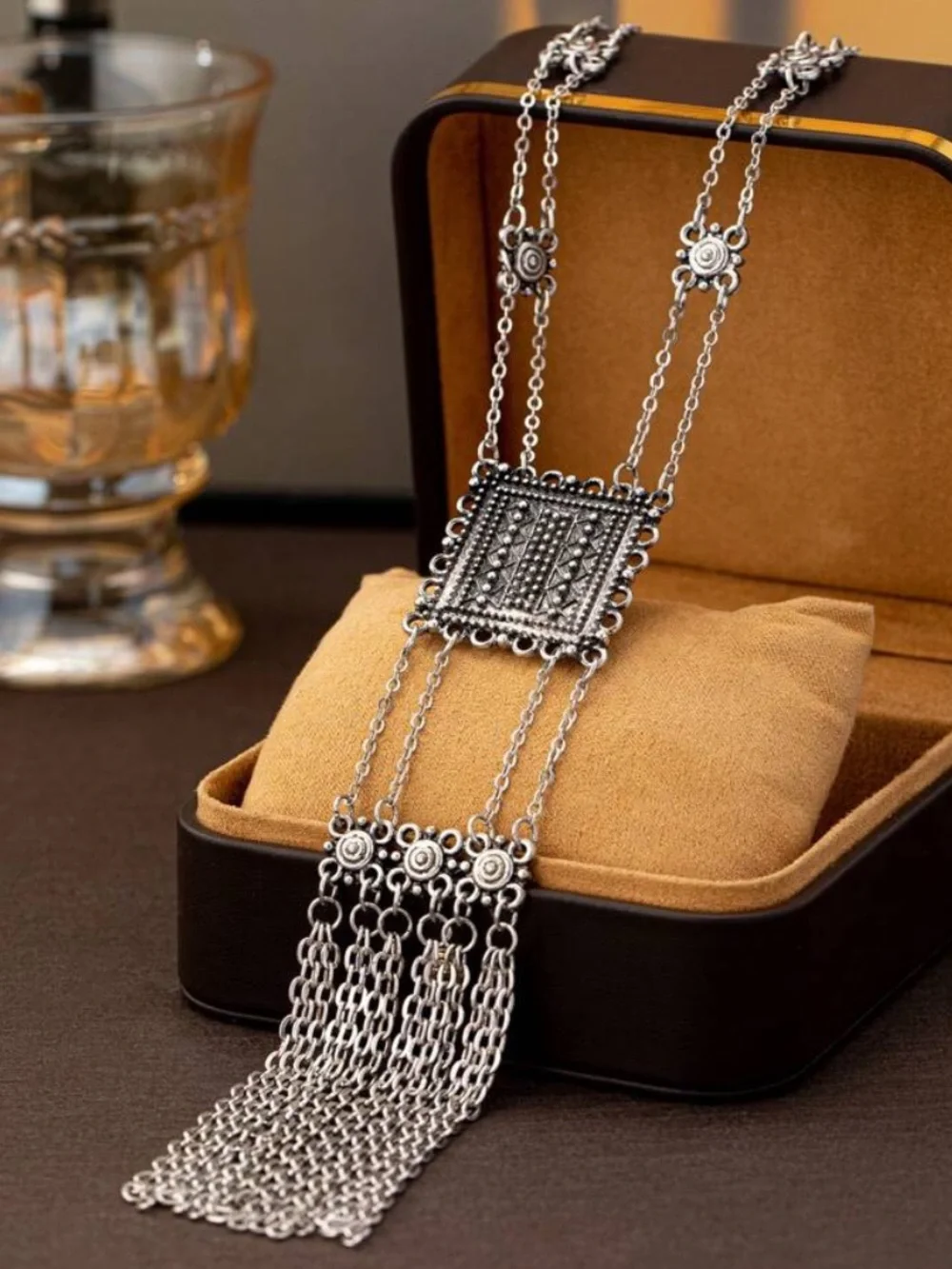 Antique Silver Long Tassel Necklace Ornate Filigree Pendant Necklace
